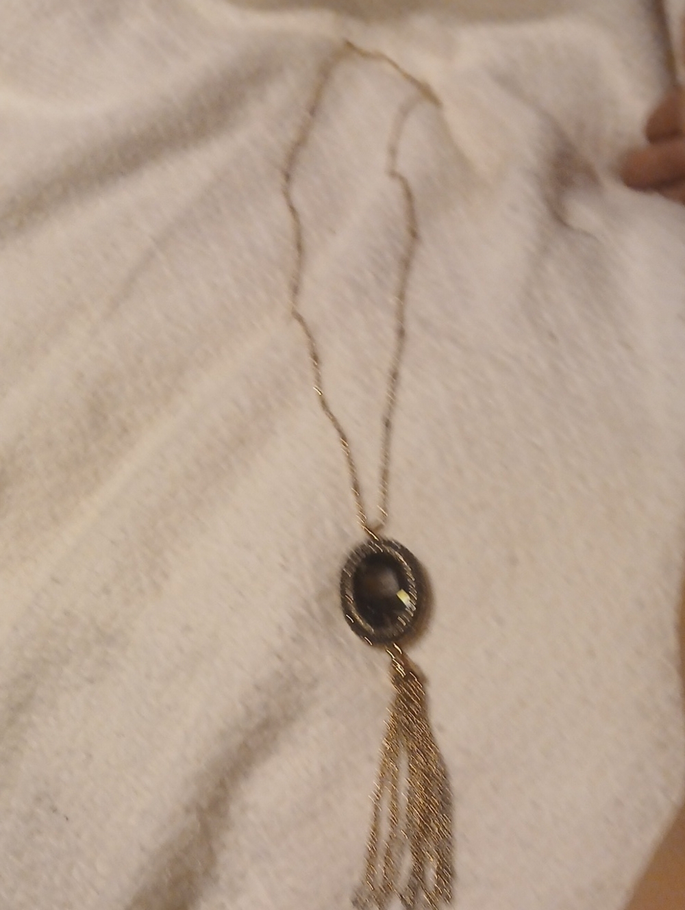 Gold-Tone Pendant Necklace with Black Faceted Stone and Tassel  very long